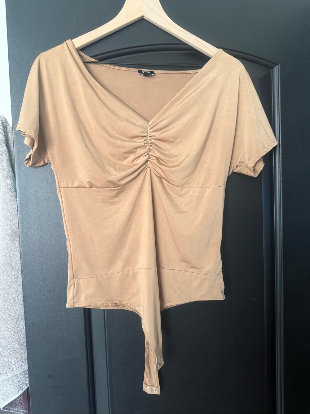 Express Camel Ruched V-Neck Bodysuit